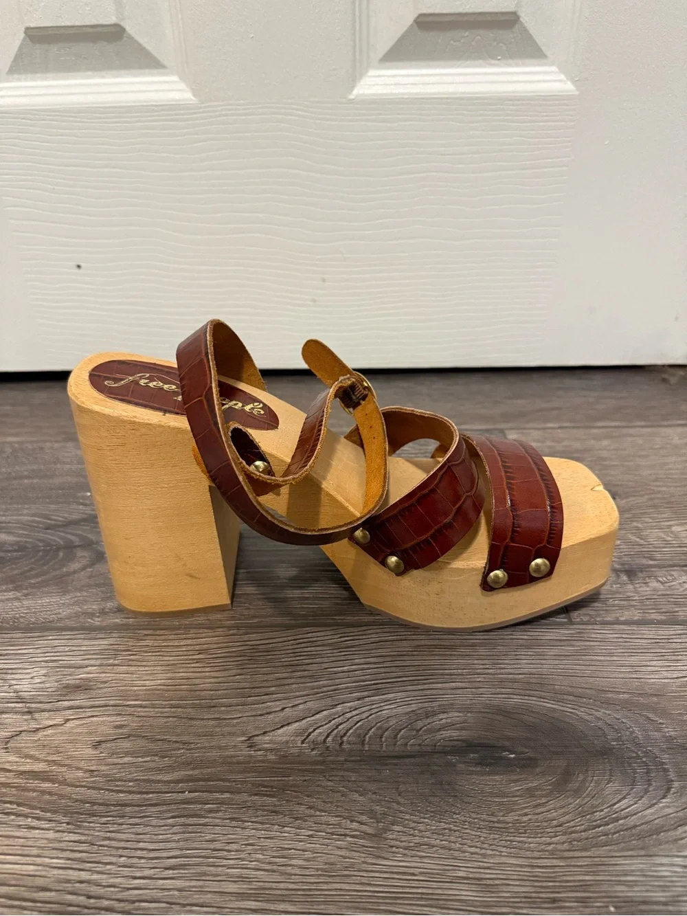 Free People Brown Leather Wood Platform Sandals Size 39